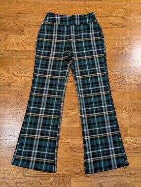 Indero Plaid Flare Pants Green Black Stretch Pull On Size L/XL